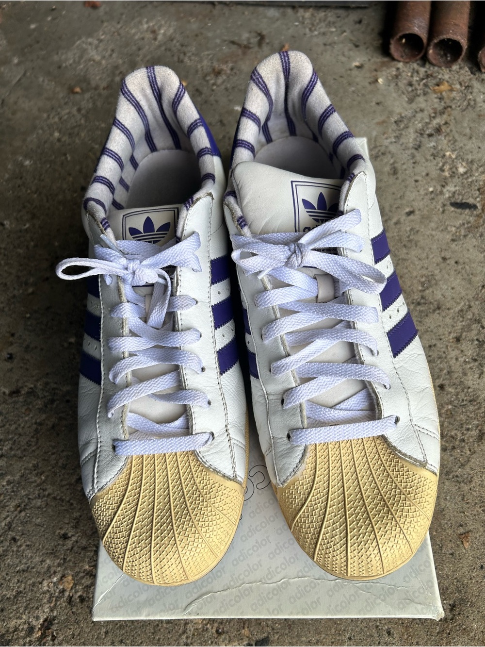 adidas Women’s White Sneakers with Purple Stripes and Cream Shell Toe